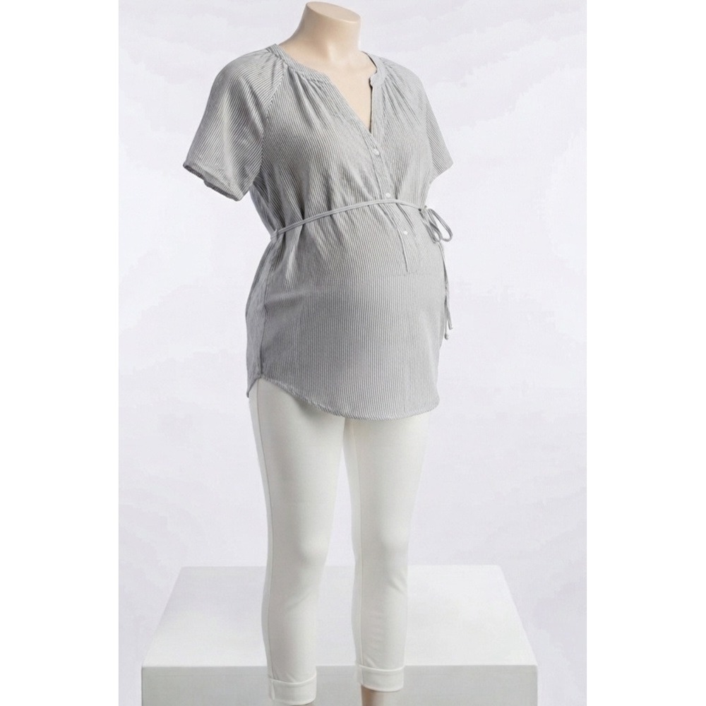 Isabel Maternity Blue White Striped Button Front Tie Waist Tunic Top XL Rayon